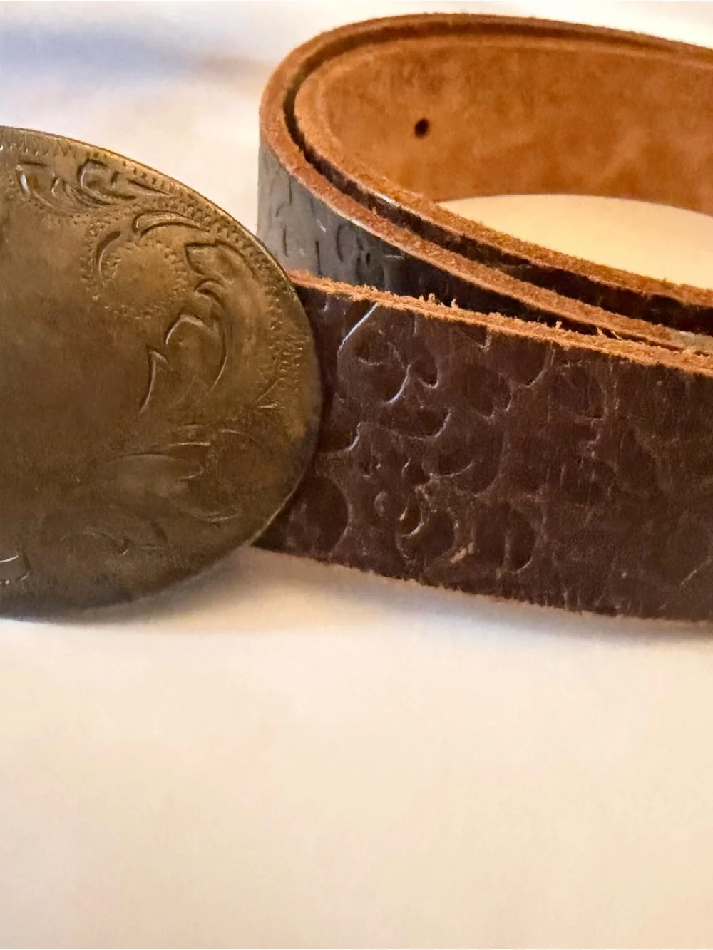 Diesel Tooled Leather Belt with Antique Brass Oval Buckle - Tan